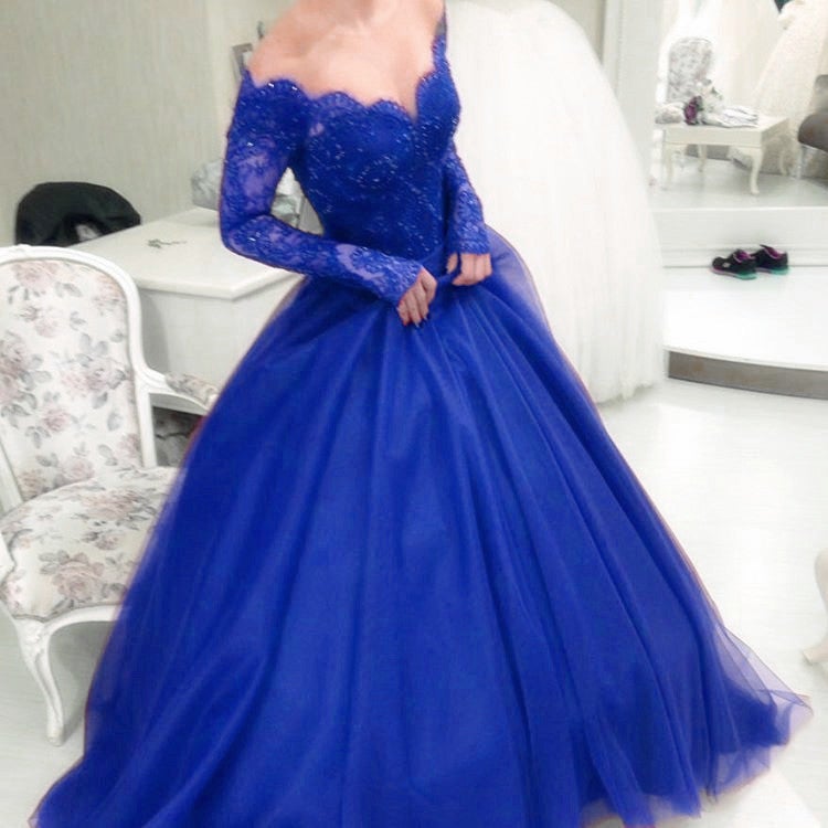 Royal Blue Tulle Long Sleeves Prom Dress, Quinceanera Dresses OKK8 –  Okdresses